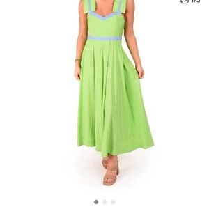 Emily McCarthy Green Maxi Dress with Blue Accents and ruffle straps!
